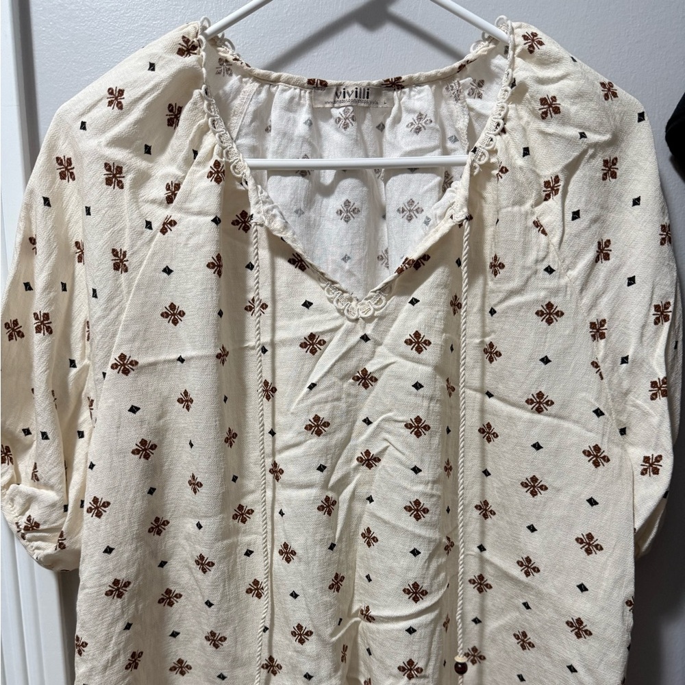 Boho chic  Ivory and Brown Patterned Blouse